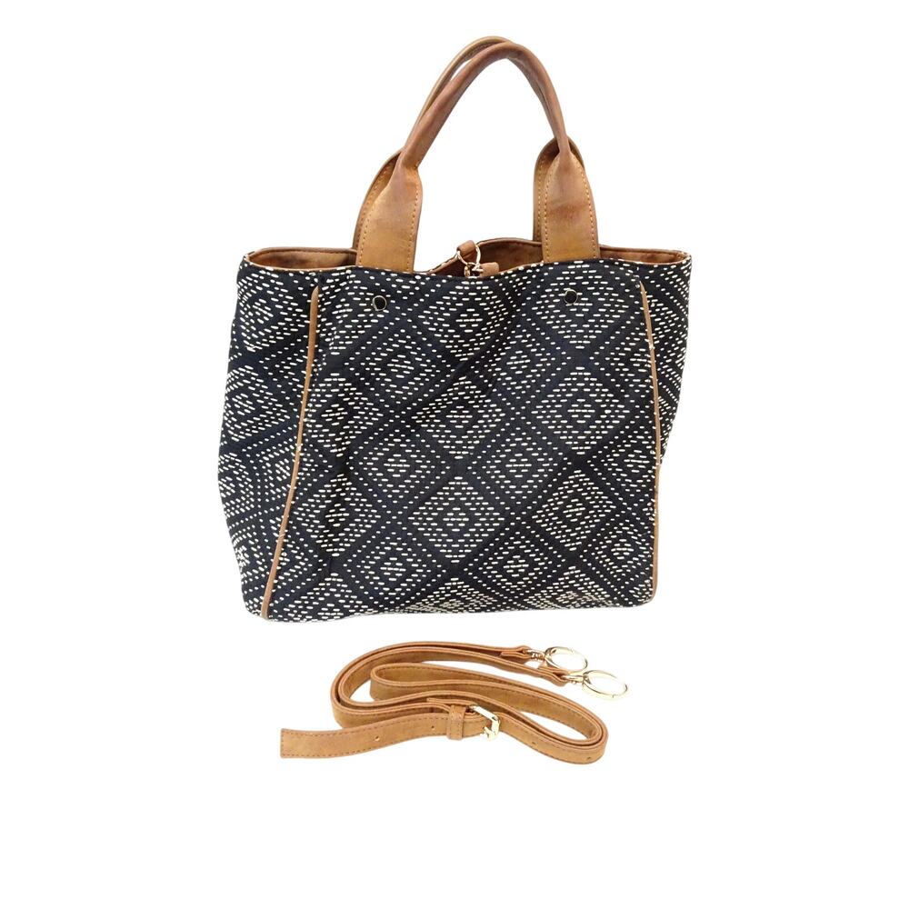 Deux Lux Navy & Cream Woven Tote – Crossbody Strap